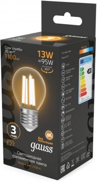 Лампа филам. Gauss Filament 13Вт цок.:E27 шар 220B св.свеч.бел.теп. (упак.:10шт) (105802113)