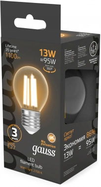Лампа филам. Gauss Filament 13Вт цок.:E27 шар 220B св.свеч.бел.теп. (упак.:10шт) (105802113)
