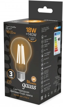 Лампа филам. Gauss Filament 18Вт цок.:E27 груша 220B св.свеч.бел.теп. (упак.:10шт) (102902118)