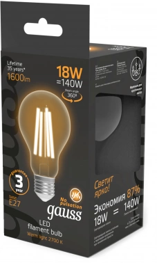 Лампа филам. Gauss Filament 18Вт цок.:E27 груша 220B св.свеч.бел.теп. (упак.:10шт) (102902118)