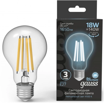 Лампа филам. Gauss Filament 18Вт цок.:E27 груша 220B св.свеч.бел.нейт. (упак.:10шт) (102902218)