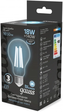 Лампа филам. Gauss Filament 18Вт цок.:E27 груша 220B св.свеч.бел.нейт. (упак.:10шт) (102902218)
