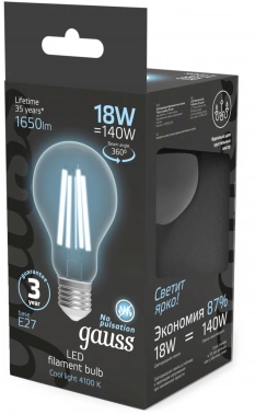 Лампа филам. Gauss Filament 18Вт цок.:E27 груша 220B св.свеч.бел.нейт. (упак.:10шт) (102902218)