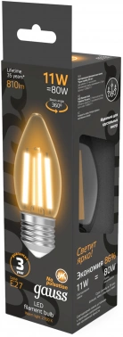 Лампа филам. Gauss Filament 11Вт цок.:E27 свеча 220B св.свеч.бел.теп. (упак.:10шт) (103802111)