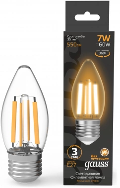 Лампа филам. Gauss Filament 7Вт цок.:E27 свеча 220B св.свеч.бел.теп. (упак.:10шт) (103802107)