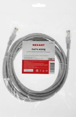 Патч-корд Rexant 18-1006 UTP RJ-45 вил.-вилка RJ-45 кат.5E 3м серый ПВХ