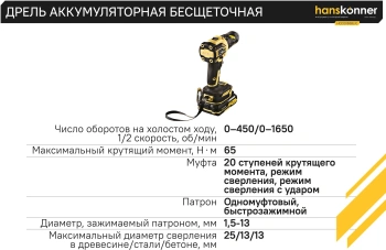 Дрель-шуруповерт Hanskonner HCD2065BLIC