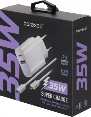 Сетевое зар./устр. BoraSCO 35W 3A (PD+QC) USB/USB Type-C универсальное белый (52387)