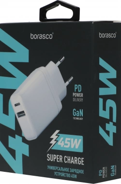 Сетевое зар./устр. BoraSCO 45W 3A (PD+QC) USB/USB Type-C универсальное белый (52390)