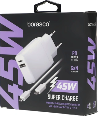 Сетевое зар./устр. BoraSCO 45W 3A (PD+QC) USB/USB Type-C универсальное белый (52389)