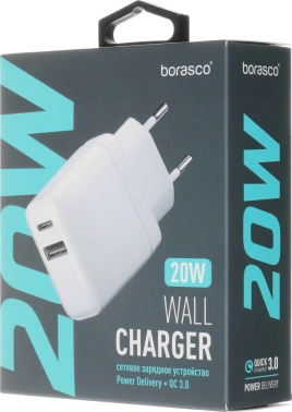 Сетевое зар./устр. BoraSCO 20W 3A (PD+QC) USB/USB Type-C белый (38254)
