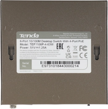 Коммутатор Tenda  TEF1106P-4-63W