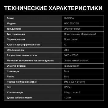 Духовой шкаф Электрический Hyundai HEO 6650 BG