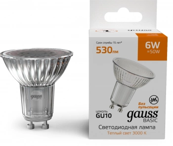 Лампа светодиодная Gauss Basic 6Вт цок.:GU10 софит 220B св.свеч.теп.св./дневн. (упак.:10шт) (10106162)