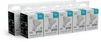 Лампа светодиодная Gauss Basic 6Вт цок.:GU10 софит 220B св.свеч.бел.нейт. (упак.:10шт) (10106262)