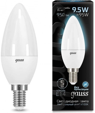 Лампа светодиодная Gauss 9.5Вт цок.:E14 свеча 220B св.свеч.бел.нейт. 35-C (упак.:10шт) (103101210)
