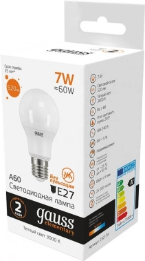 Лампа светодиодная Gauss Elementary 7Вт цок.:E27 груша 220B св.свеч.бел.теп. A60 (упак.:1шт) (23217A)