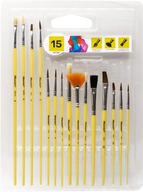 Набор кистей Silwerhof Color (наб.15шт) пон.кр.№1,2,3,4,5/плос.№1/2, 1/4, 4/кр.№3,5/плоск.№1/2, 4, 8/синт.веер.№4