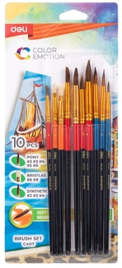 Набор кистей Deli EC407 (наб.10шт) пони кругл.№ 2,3,4,5,6/синт.круг.№2,3,4/плоск.№6,8