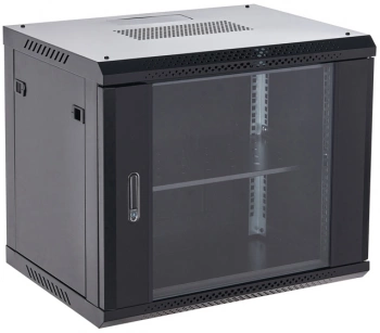 Шкаф коммутационный Rexant (04-0964-112) настенный 9U 600x450мм пер.дв.стекл металл 2 бок.пан. направл.под винты 60кг черный 13.75кг 230град. 501мм IP20 сталь