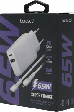 Сетевое зар./устр. BoraSCO 65W 3.25A+3A (PD+QC) USB/USB Type-C универсальное белый (52585)