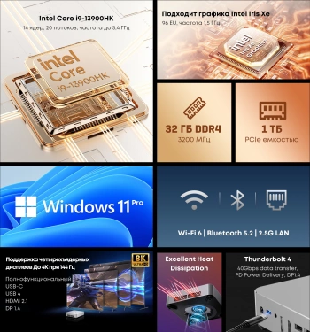 ПК Мини Chuwi AuBox Core i9 13900HK (2.6) 32Gb SSD1Tb Iris Xe Windows 11 Pro 2x2.5GbitEth WiFi BT 120W серебристый/черный