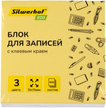 Блок самоклеящийся бумажный Silwerhof Eco 76x76мм 300лист. пастель 3цв.в упак.