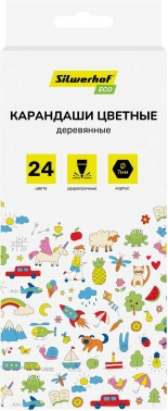 Карандаши цв. Silwerhof Eco 2.65мм шестигран. дерево ассорти 24цв. коробка/европод.