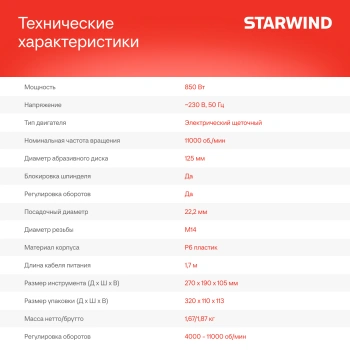 Углошлифовальная машина Starwind AG125E-850