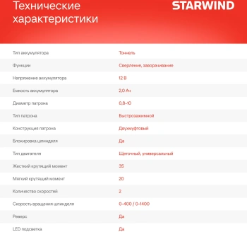 Дрель-шуруповерт Starwind CDT12-2.0/2S1