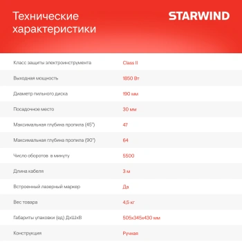 Циркулярная пила (дисковая) Starwind CS190-1850CL