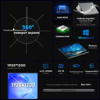 Ноутбук Chuwi MiniBook X N-series N150 16Gb SSD512Gb Intel Graphics 10.51