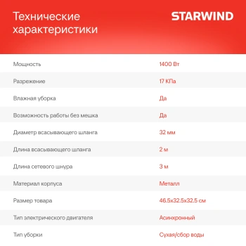 Строительный пылесос Starwind VC20-1800MS1