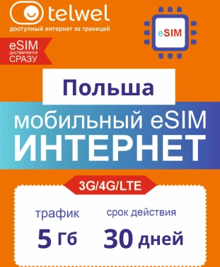 Карта eSIM Telwel Travel пакет Польша 5Гб 30дней