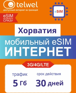 Карта eSIM Telwel Travel пакет Хорватия 5Гб 30 дней
