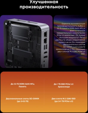 ПК Мини Chuwi AuBox Ryzen 7 8745HS (3.8) 16Gb SSD512Gb 780M Windows 11 Pro 2x2.5GbitEth WiFi BT 120W серебристый/черный