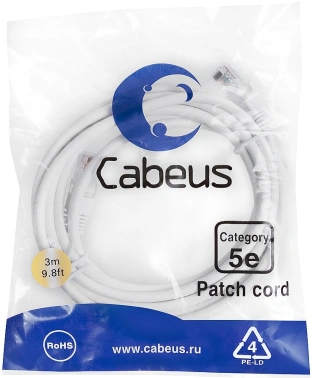 Патч-корд Cabeus PC-UTP-RJ45-CAT.5E-3M-WH U/UTP RJ-45 вил.-вилка RJ-45 кат.5E 3м белый ПВХ