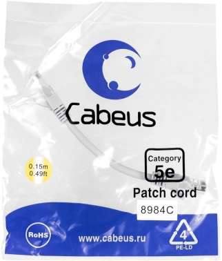Патч-корд Cabeus PC-UTP-RJ45-CAT.5E-0.15M U/UTP RJ-45 вил.-вилка RJ-45 кат.5E 0.15м серый ПВХ