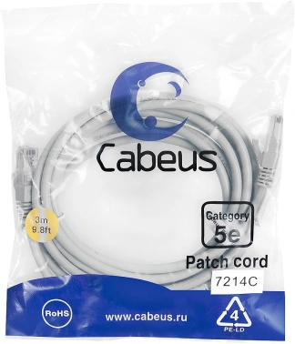Патч-корд Cabeus PC-UTP-RJ45-CAT.5E-3M U/UTP RJ-45 вил.-вилка RJ-45 кат.5E 3м серый ПВХ