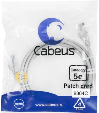 Патч-корд Cabeus PC-UTP-RJ45-CAT.5E-1.5M-LSZH U/FTP RJ-45 вил.-вилка RJ-45 кат.5E 1.5м серый LSZH