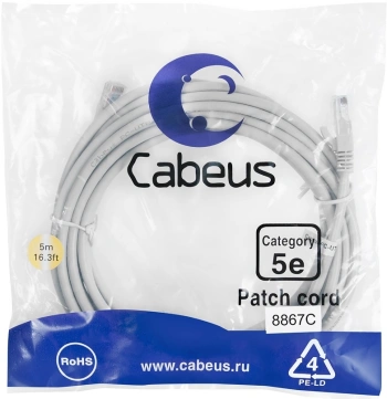 Патч-корд Cabeus PC-UTP-RJ45-CAT.5E-5M-LSZH U/UTP RJ-45 вил.-вилка RJ-45 кат.5E 5м серый LSZH