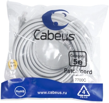Патч-корд Cabeus PC-UTP-RJ45-CAT.5E-15M U/UTP RJ-45 вил.-вилка RJ-45 кат.5E 15м серый ПВХ