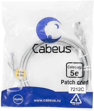 Патч-корд Cabeus PC-UTP-RJ45-CAT.5E-1.5M U/UTP RJ-45 вил.-вилка RJ-45 кат.5E 1.5м серый ПВХ