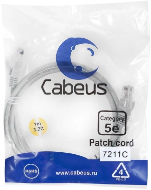 Патч-корд Cabeus PC-UTP-RJ45-CAT.5E-1M U/UTP RJ-45 вил.-вилка RJ-45 кат.5E 1м серый ПВХ