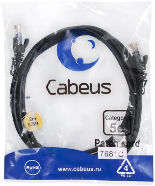 Патч-корд Cabeus PC-UTP-RJ45-CAT.5E-2M-BK U/UTP RJ-45 вил.-вилка RJ-45 кат.5E 2м черный ПВХ