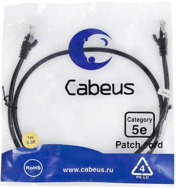 Патч-корд Cabeus PC-UTP-RJ45-CAT.5E-1M-BK U/UTP RJ-45 вил.-вилка RJ-45 кат.5E 1м черный ПВХ