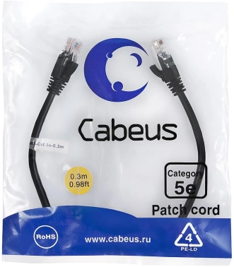 Патч-корд Cabeus PC-UTP-RJ45-CAT.5E-0.3M-BK U/UTP RJ-45 вил.-вилка RJ-45 кат.5E 0.3м черный ПВХ
