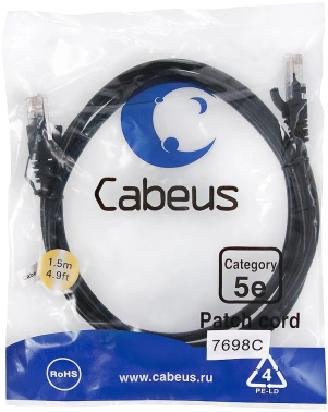 Патч-корд Cabeus PC-UTP-RJ45-CAT.5E-1.5M-BK U/UTP RJ-45 вил.-вилка RJ-45 кат.5E 1.5м черный ПВХ