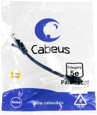 Патч-корд Cabeus PC-UTP-RJ45-CAT.5E-0.15M-BK U/UTP RJ-45 вил.-вилка RJ-45 кат.5E 0.15м черный ПВХ