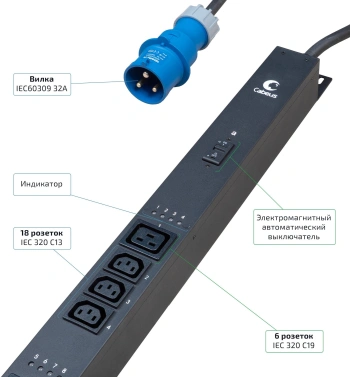 Блок распределения питания Cabeus SMART-PDU-32-1P-18C13-6C19-I309-CM